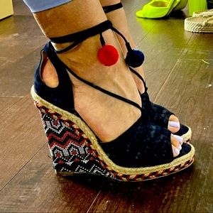 Aquazzura Raffia Wedge with Pom Poms